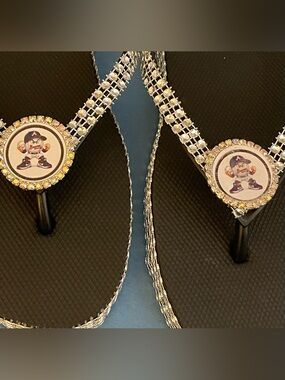 Embellished Black Rhinestone Flip Flops - Women's